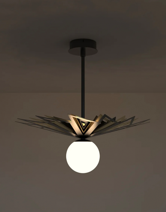 Galaxy pendant light with celestial starburst metal design and central glowing globe مصباح معلق جالاكسي بتصميم نجمي سماوي معدني مع كرة إضاءة مركزية