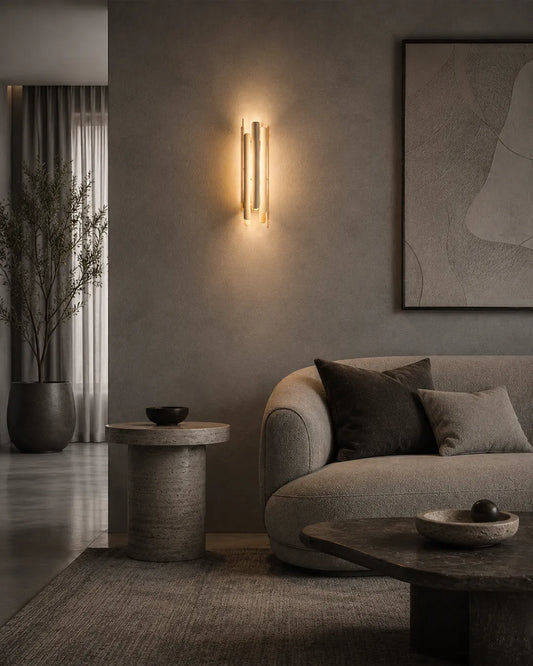 Tempo Wall Lamp in a styled interior, wall lamp with flowing lines inspired by natural rhythms | أبليك تمبو، داخل مساحة منسقة، خطوط منحنية