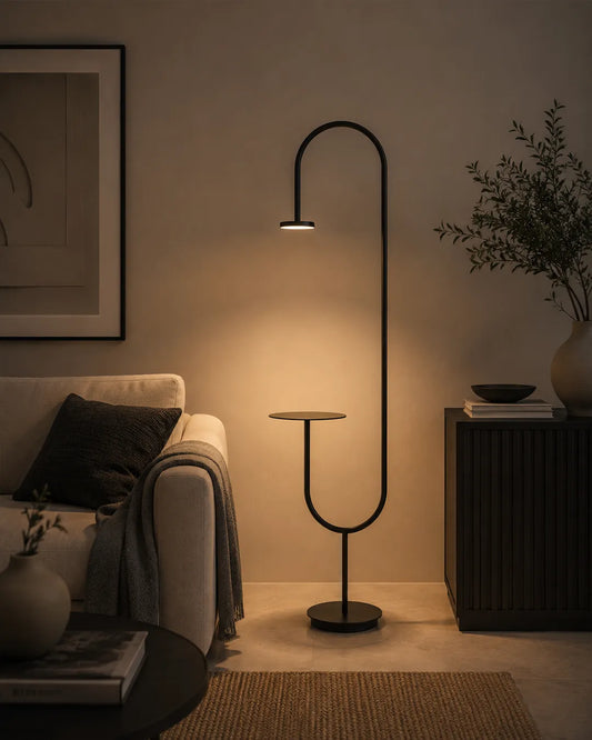 Svelt Floor Lamp in a styled interior, floor lamp with a slender form that also provides a side surface (view 1) | لمبادير سفلت، داخل مساحة منسقة، إضاءة مع طاولة جانبية