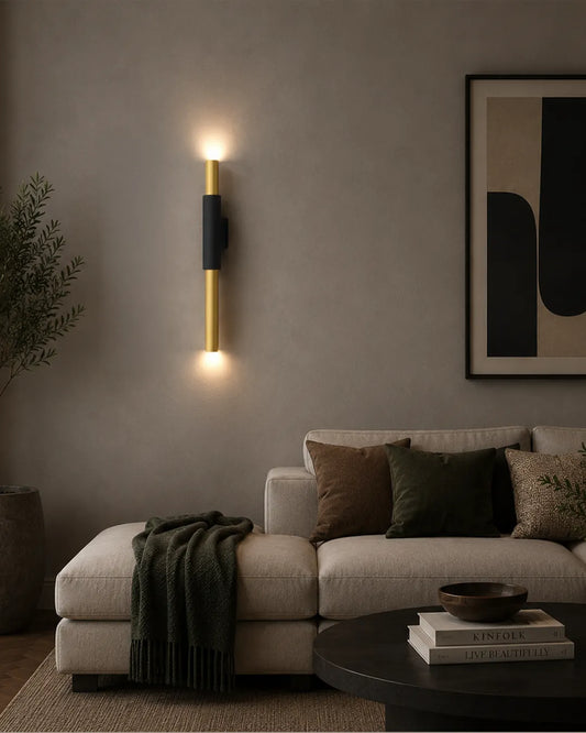 Binate Wall Lamp in a styled interior, wall lamp with two elements held in simple balance | أبليك باينيت، داخل مساحة منسقة، قطعتان بتوزيع رأسي