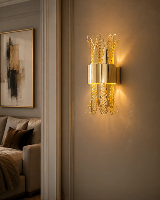 Leaf Wall Lamp in a styled interior, wall lamp with leaf ornament drawn from ancient Egyptian columns | أبليك لييف، داخل مساحة منسقة، أوراق زخرفية
