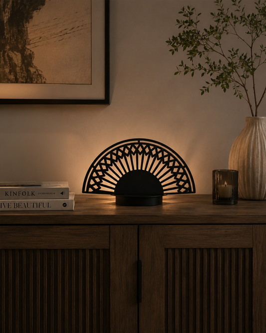 Breeze Table Lamp in a styled interior, table lamp with folds reminiscent of a hand fan | أباجورة بريز، في مساحة منسقة، بغطاء ذي طيات