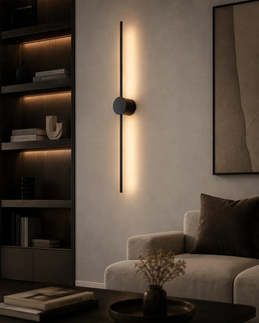 Double Lines Circle Black Wall Lamp in a styled interior, wall lamp with two parallel geometric lines | أبليك دبل لاينز سيركل الأسود، داخل مساحة منسقة، إضاءة خلفية بخطين منحنيين