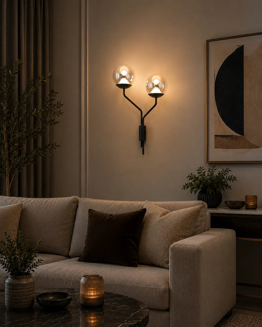 Lumo Wall Lamp in a styled interior, wall lamp with the gentle impression of moonlight | أبليك لومو، داخل مساحة منسقة، بتصميم مستوحى من القمر