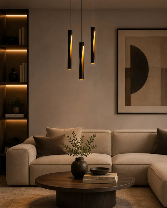 Dew 1 Pendant in a styled interior, pendant with the form and rhythm of dew drops | دلاية ديو 1، داخل مساحة منسقة، قطرة مضيئة معلقة