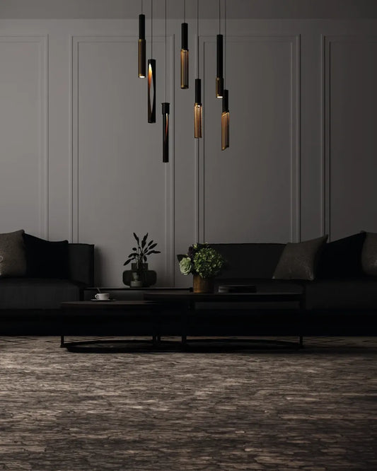 Dew Set Pendant in a styled interior, pendant with the form and rhythm of dew drops | مجموعة دلايات ديو، داخل مساحة منسقة، قطرات مضيئة معلقة