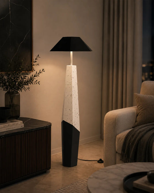 Tokyo Floor Lamp in a styled interior, floor lamp with a sculptural form influenced by marble | لمبادير طوكيو، داخل مساحة منسقة، تشطيب بمظهر الرخام