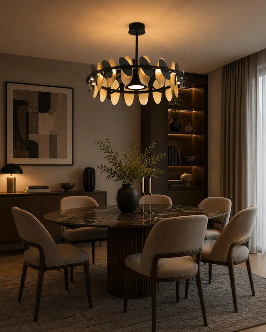 Ovals Chandelier in a styled interior | نجف أوفالز، داخل مساحة منسقة، حلقات بيضاوية متداخلة