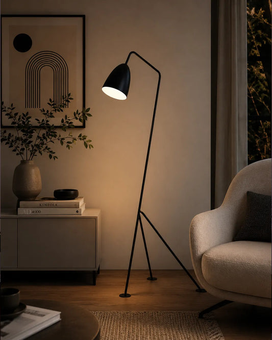 Miko Floor Lamp in a styled interior, floor lamp with forms held in apparent balance | لمبادير ميكو، داخل مساحة منسقة، إضاءة بألوان متعددة