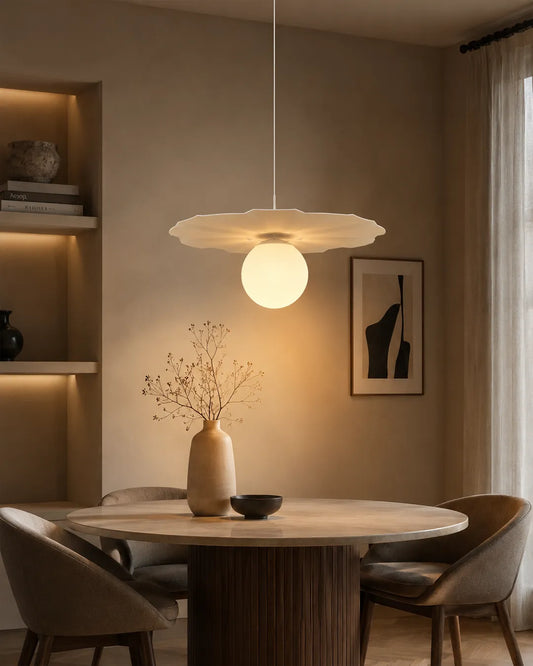Sunbrella Pendant in a styled interior, pendant with the shape of a beach umbrella | دلاية سنبريلا، داخل مساحة منسقة، مظلة بألوان متعددة