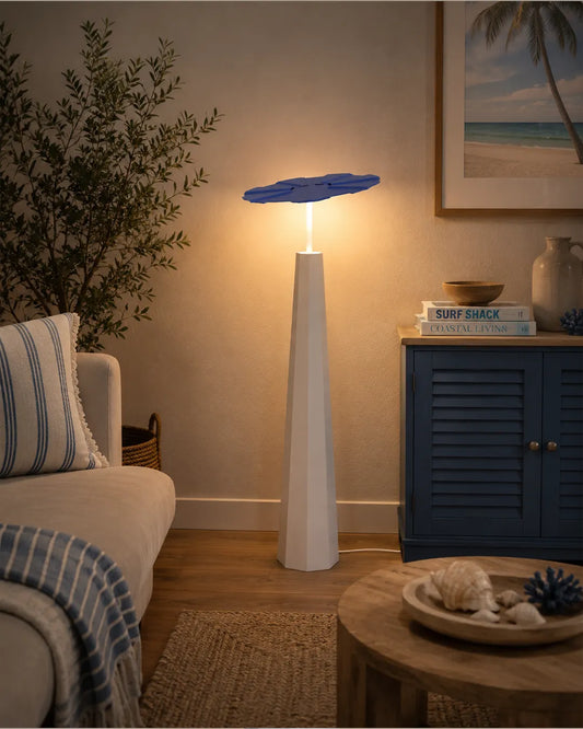 Sunbrella Floor Lamp in a styled interior, floor lamp with the shape of a beach umbrella (view 1) | لمبادير سنبريلا، داخل مساحة منسقة، مظلة
