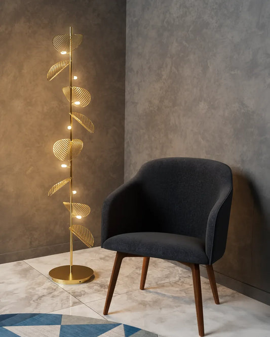 Serenity Floor Lamp in a styled interior, floor lamp with leaf forms borrowed from nature | لمبادير سيرينيتي، داخل مساحة منسقة، أوراق زخرفية