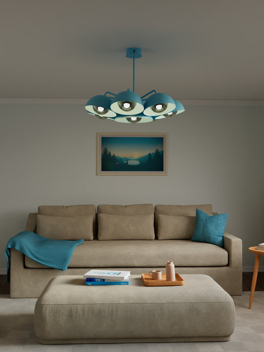 Lunar chandelier with dome shaped celestial calm design and diffused soft glow ثريا لونار بتصميم قبة هادئ وضوء ناعم منتشر