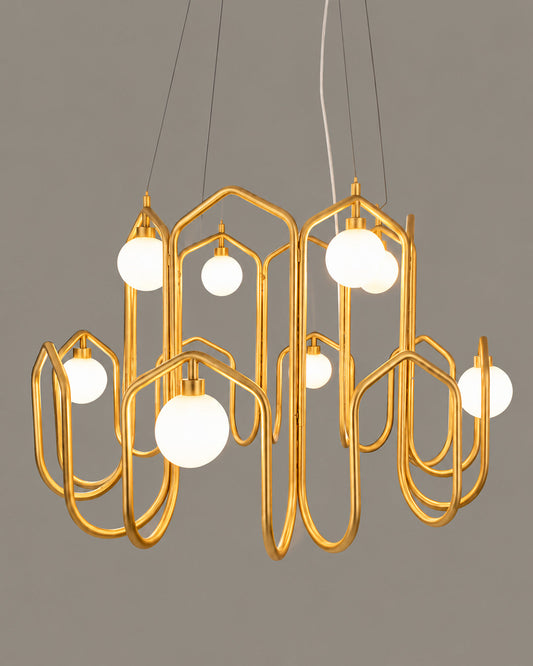 Nebu Chandelier — golden open frames and glowing globes | نجف نيبو، إطارات ذهبية مفتوحة وكرات مضيئة