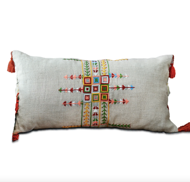 Embroidered Linen Cushion Geometric Rectangular