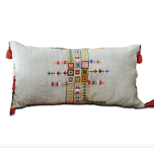 Embroidered Linen Cushion Geometric Rectangular