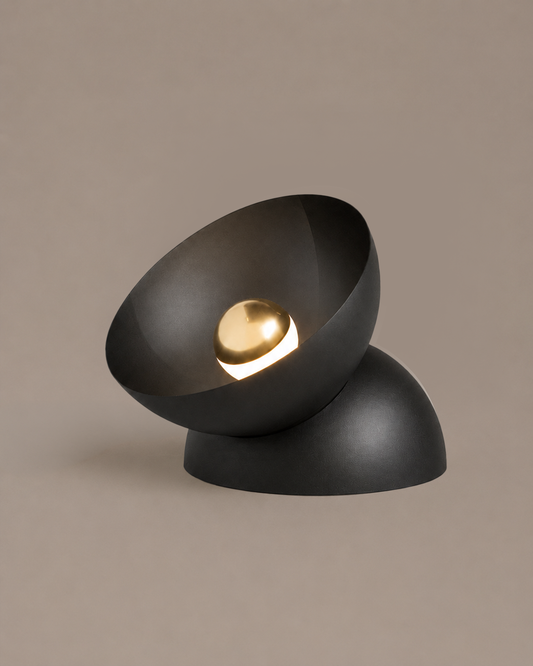 Lunar Table Lamp isolated product view in black, table lamp with the calm of the moon and its rounded silhouette | أباجورة لونار، صورة للقطعة بتشطيب أسود، قبة