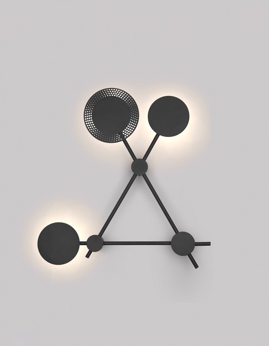Trio wall lamp with three circular elements creating soft ambient light / مصباح حائط بثلاث دوائر متناسقة يبعث إضاءة ناعمة بطابع عصري