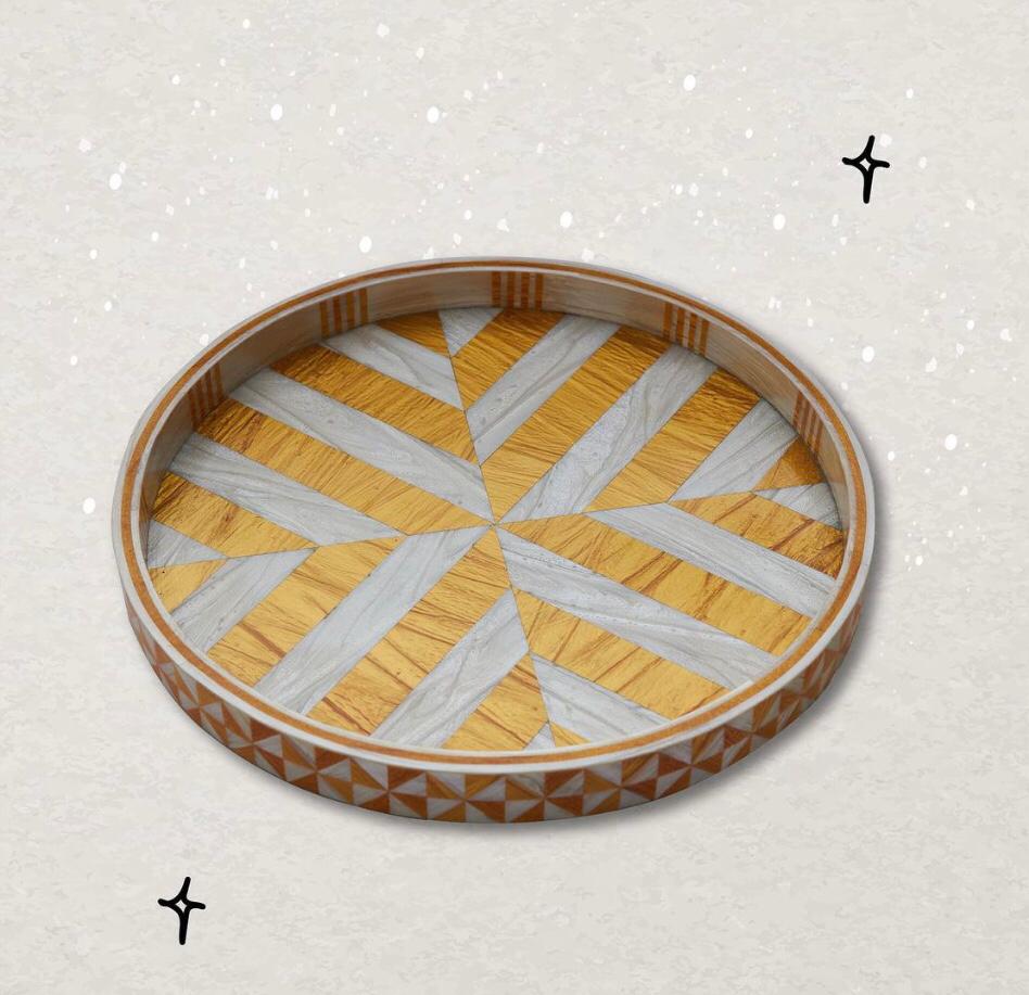 Striped Round Tray in Gold