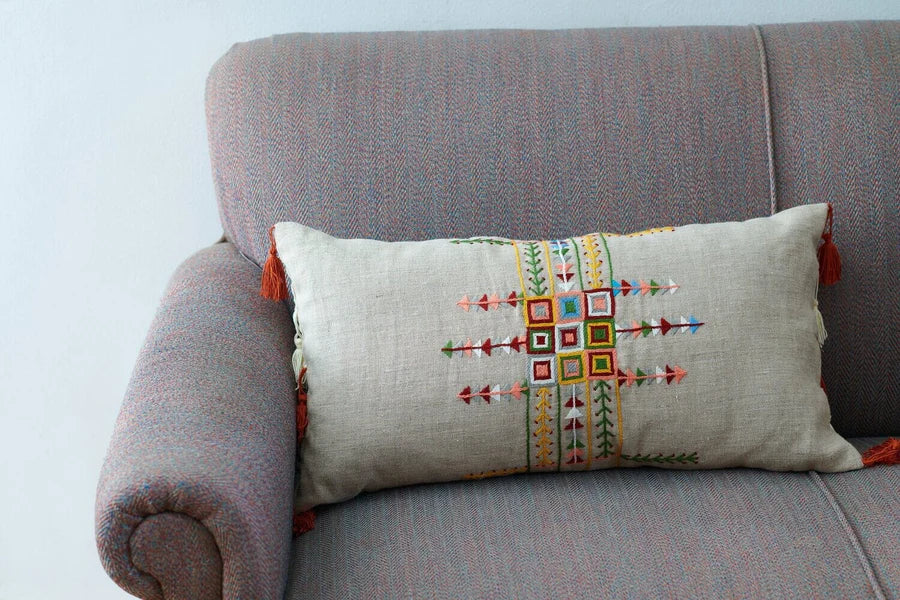 Embroidered Linen Cushion Geometric Rectangular