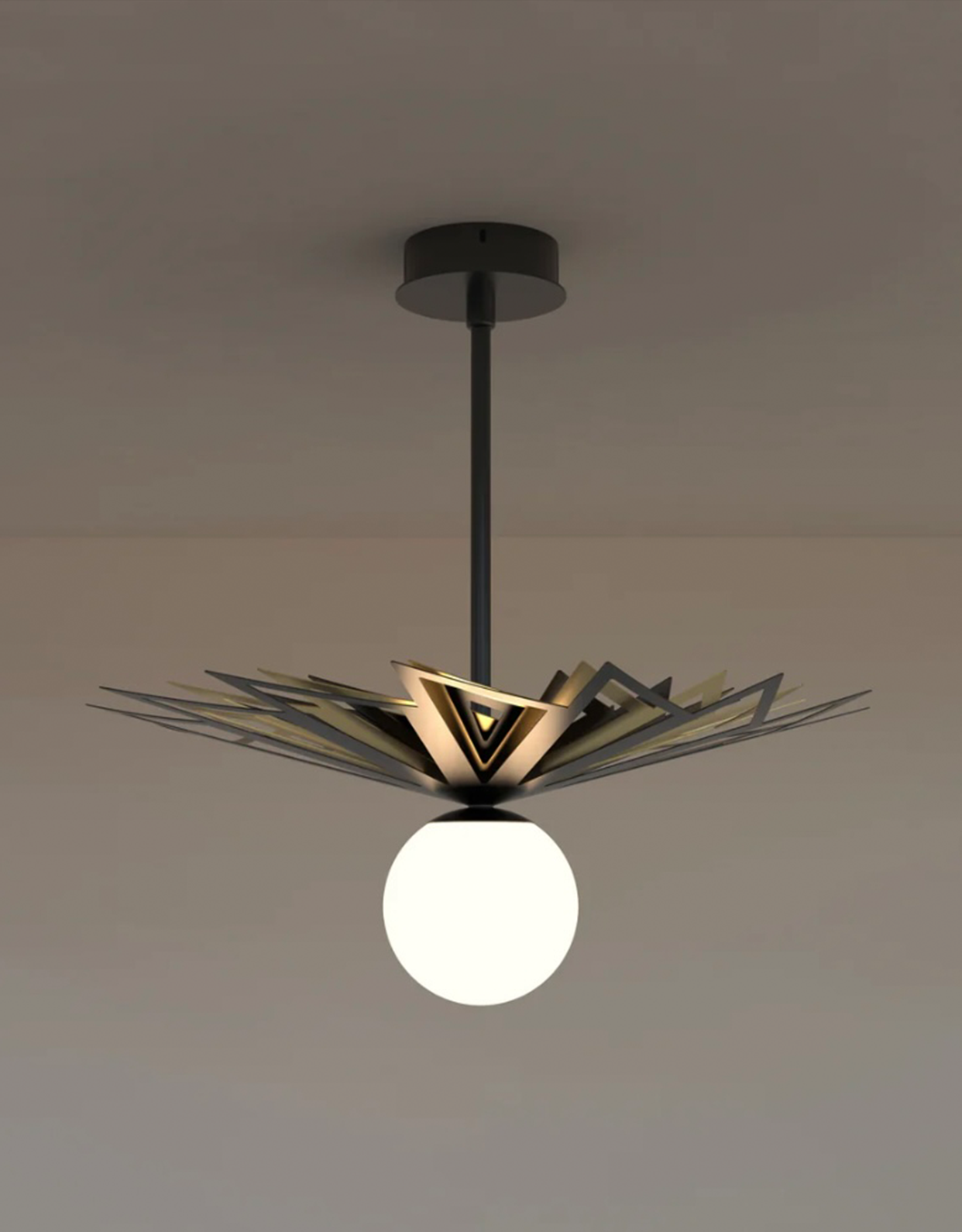 Galaxy pendant light with celestial starburst metal design and central glowing globe مصباح معلق جالاكسي بتصميم نجمي سماوي معدني مع كرة إضاءة مركزية