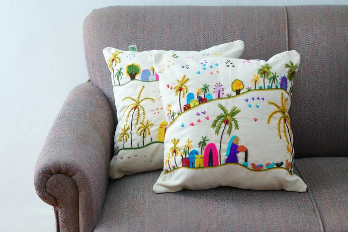 Embroidered Cotton Cushion Rustic Square