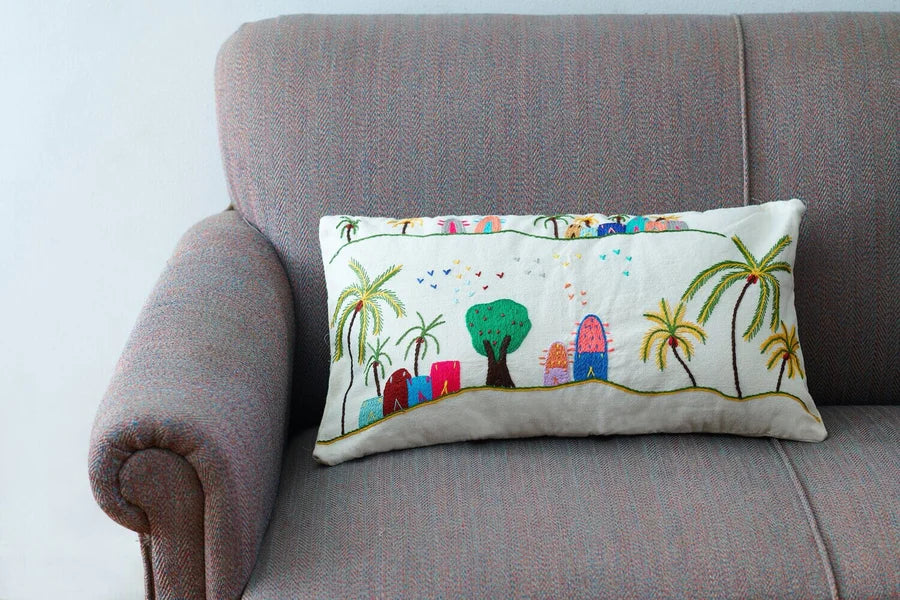 Embroidered Cotton Cushion Rustic Rectangular