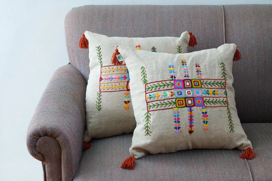 Embroidered Linen Cushion Geometric Square