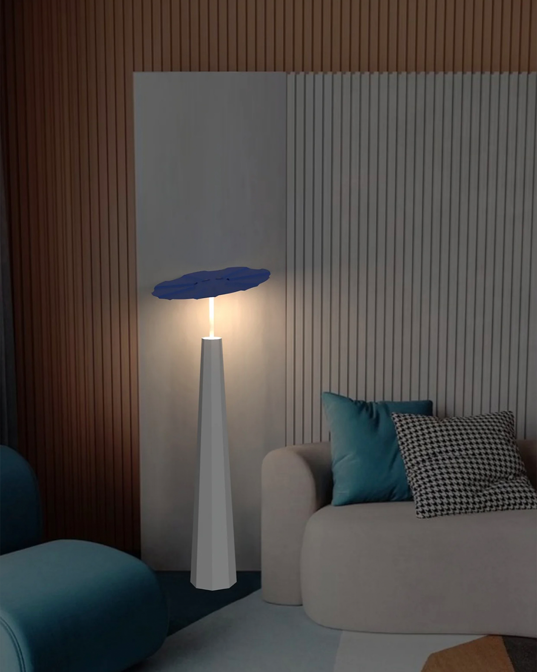 Sunbrella floor lamp with umbrella inspired coastal design and warm light مصباح ارضي صنبريلا بتصميم مظلة مستوحى من الأجواء الساحلية وإضاءة دافئة