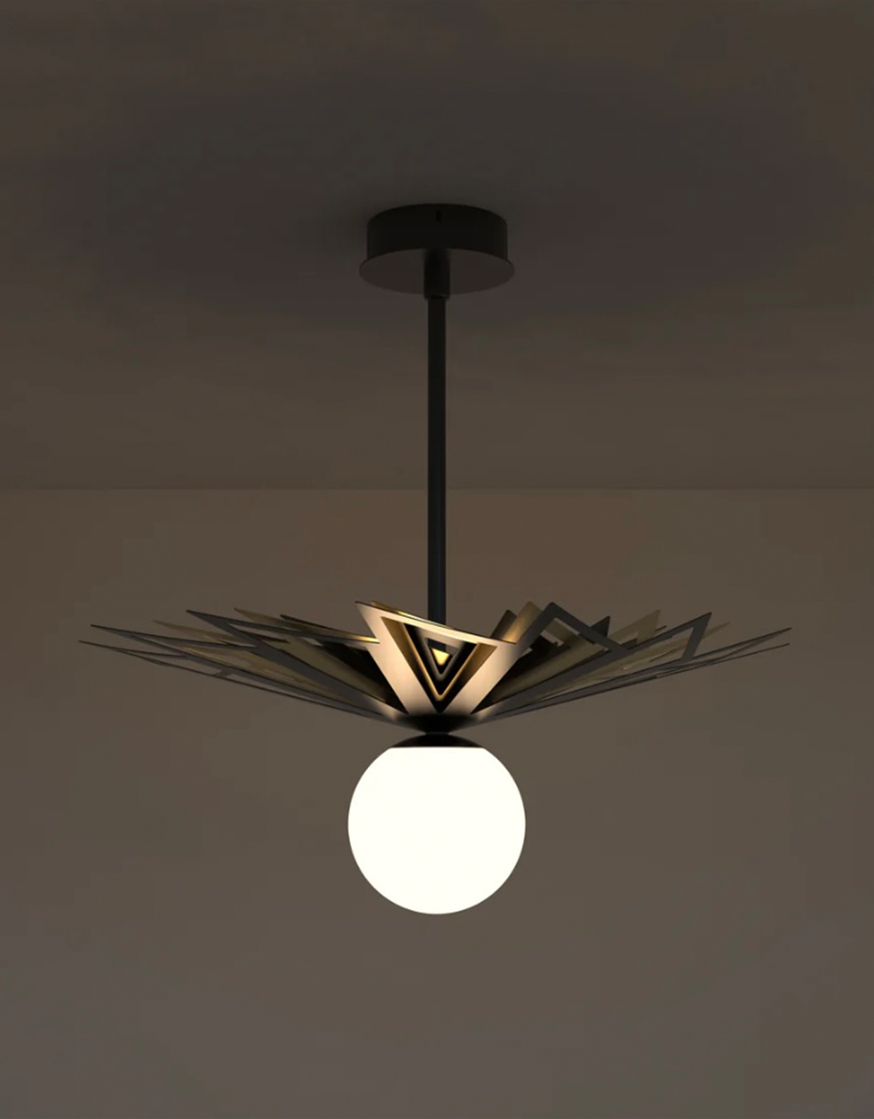 Galaxy pendant light with celestial starburst metal design and central glowing globe مصباح معلق جالاكسي بتصميم نجمي سماوي معدني مع كرة إضاءة مركزية