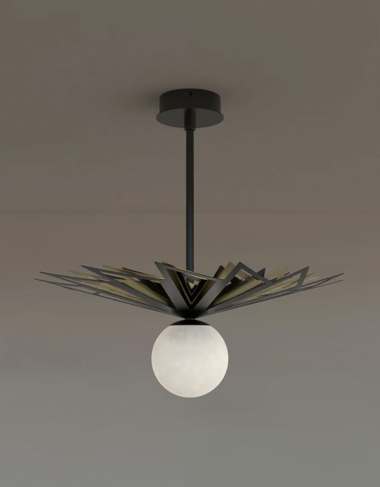 Galaxy pendant light with celestial starburst metal design and central glowing globe مصباح معلق جالاكسي بتصميم نجمي سماوي معدني مع كرة إضاءة مركزية
