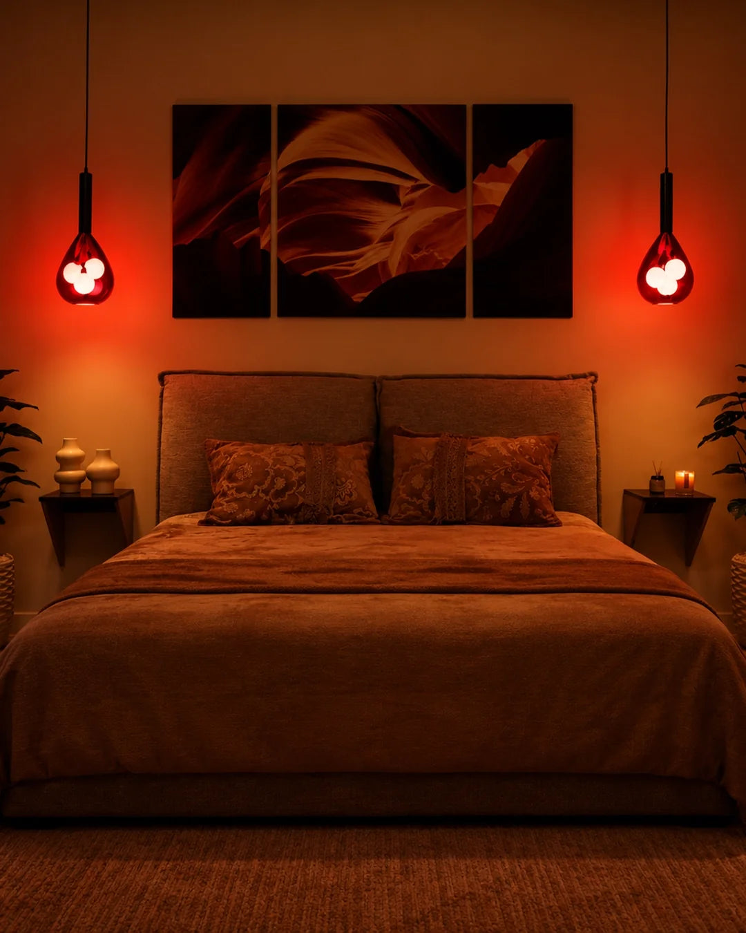 Grapa Pendant — red glass pendants on either side of a bed | دلاية جرابا، دلايات زجاجية حمراء على جانبي السرير
