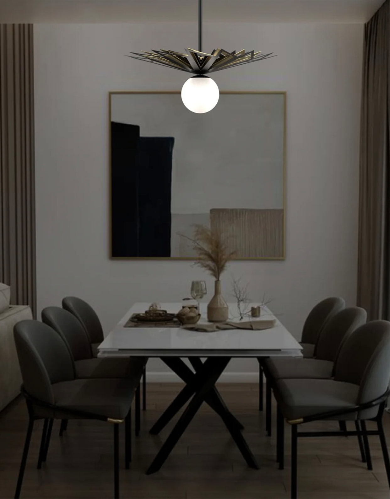 Galaxy pendant light with celestial starburst metal design and central glowing globe مصباح معلق جالاكسي بتصميم نجمي سماوي معدني مع كرة إضاءة مركزية