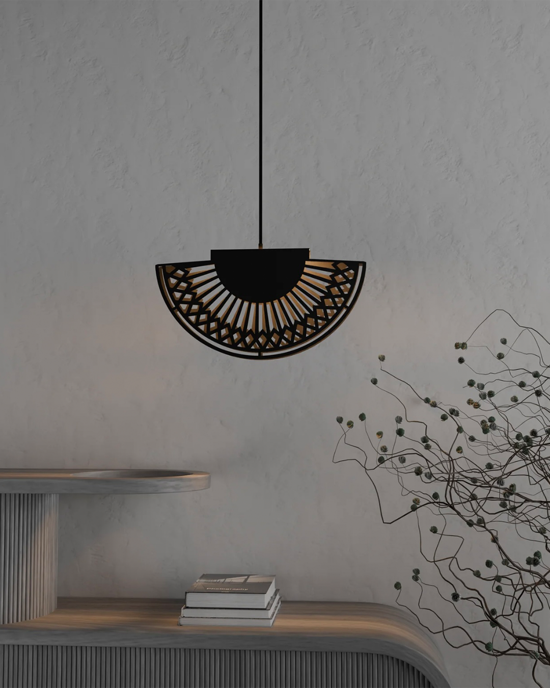 Breeze pendant light with elegant fan inspired curves and soft light مصباح معلق بريز بانحناءات مروحية أنيقة مع إضاءة ناعمة