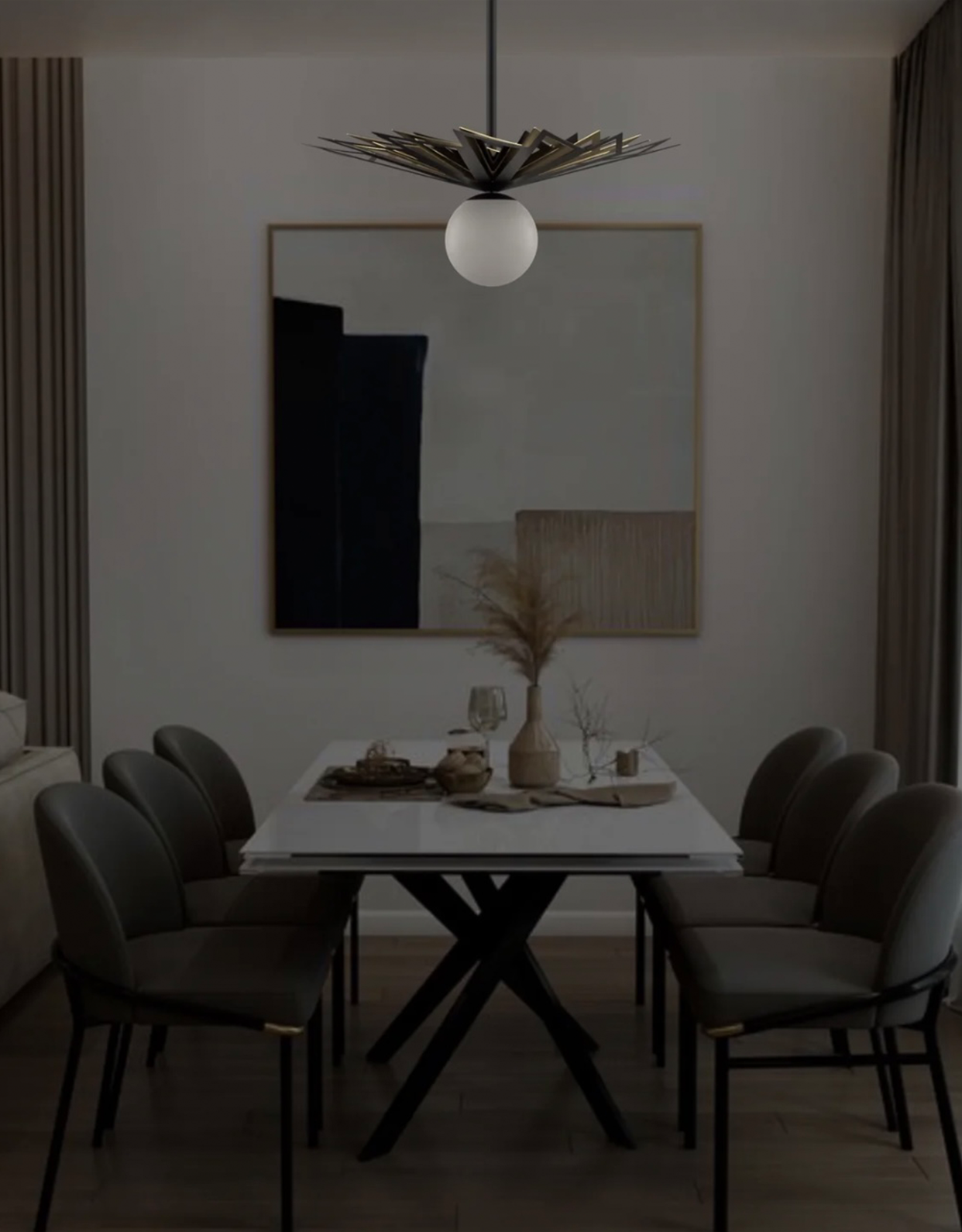 Galaxy pendant light with celestial starburst metal design and central glowing globe مصباح معلق جالاكسي بتصميم نجمي سماوي معدني مع كرة إضاءة مركزية