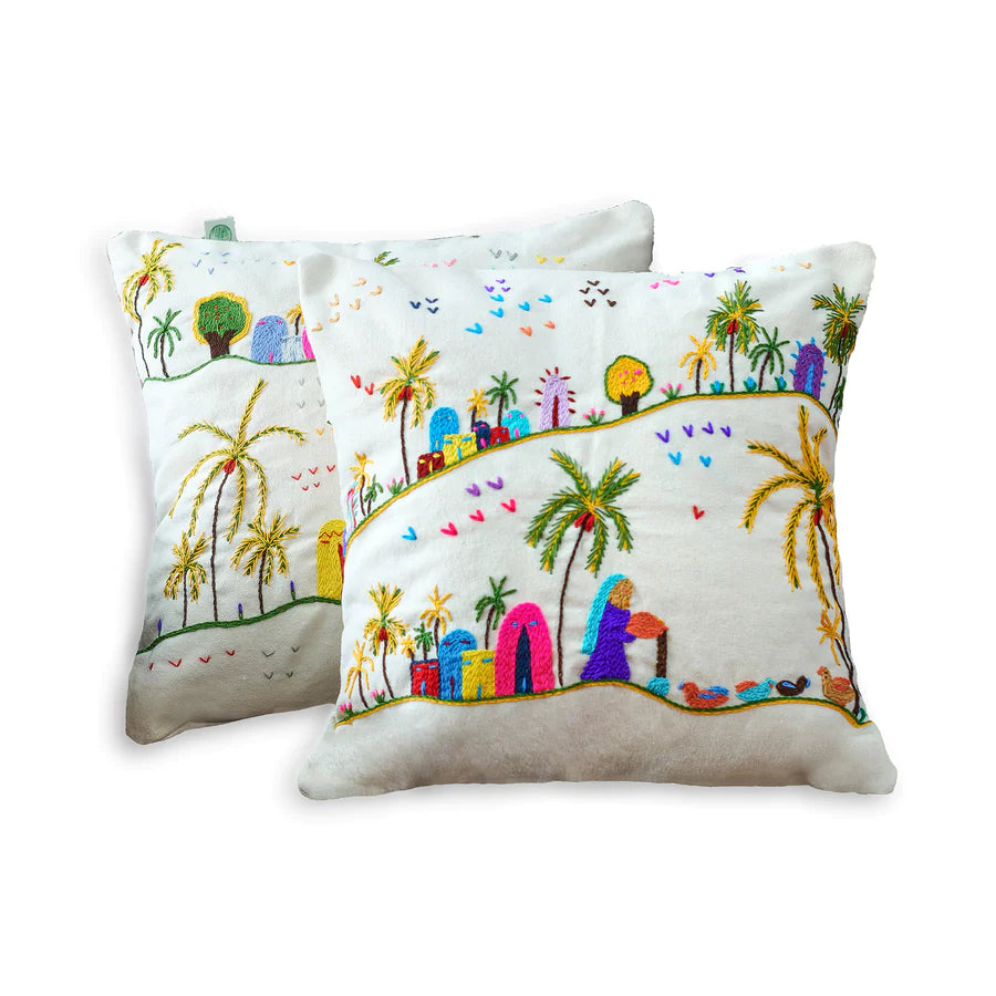 Embroidered Cotton Cushion Rustic Square