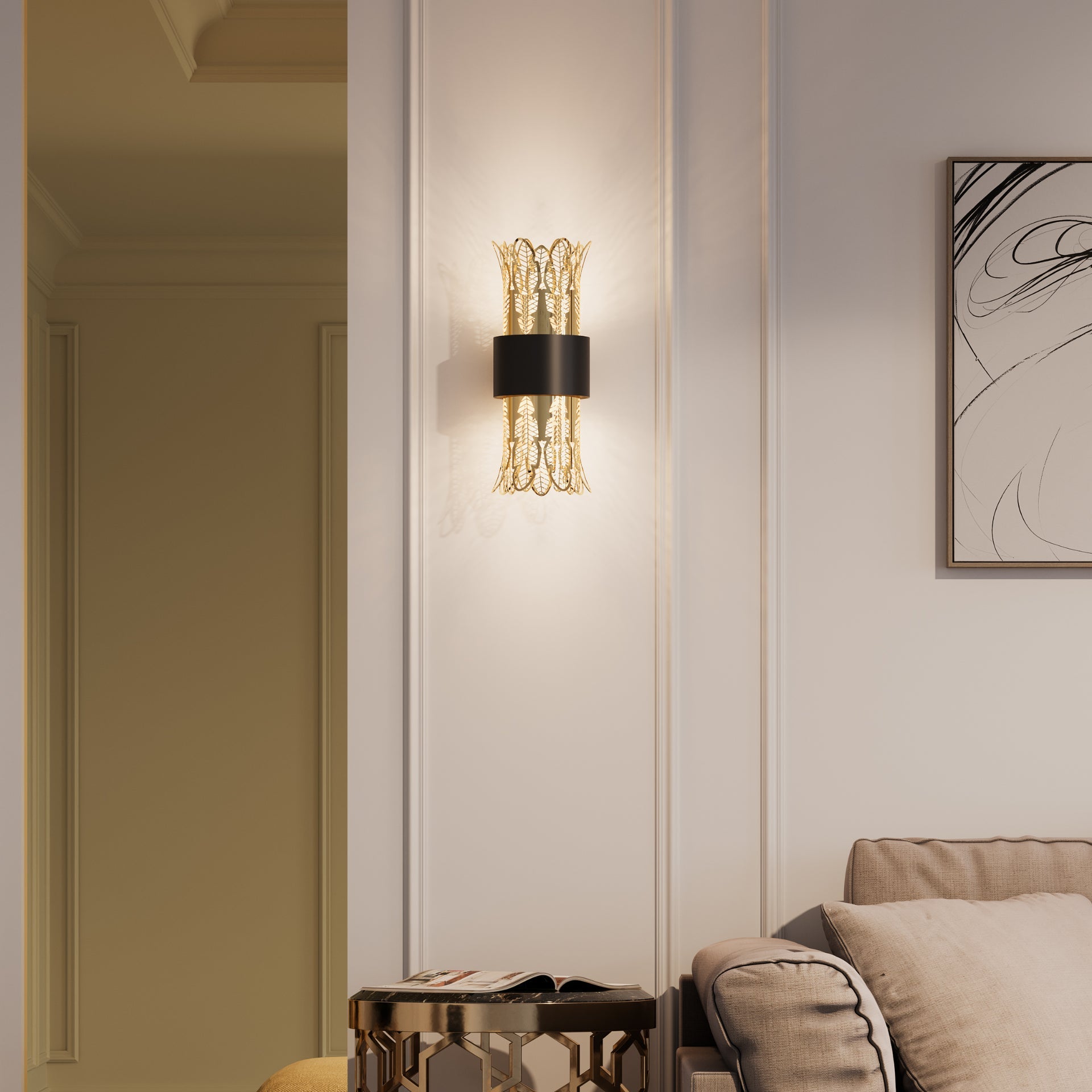 Leaf wall lamp with ancient Egyptian inspired sculptural design casting soft light / مصباح حائط بتصميم مستوحى من الأعمدة المصرية القديمة يبعث إضاءة ناعمة