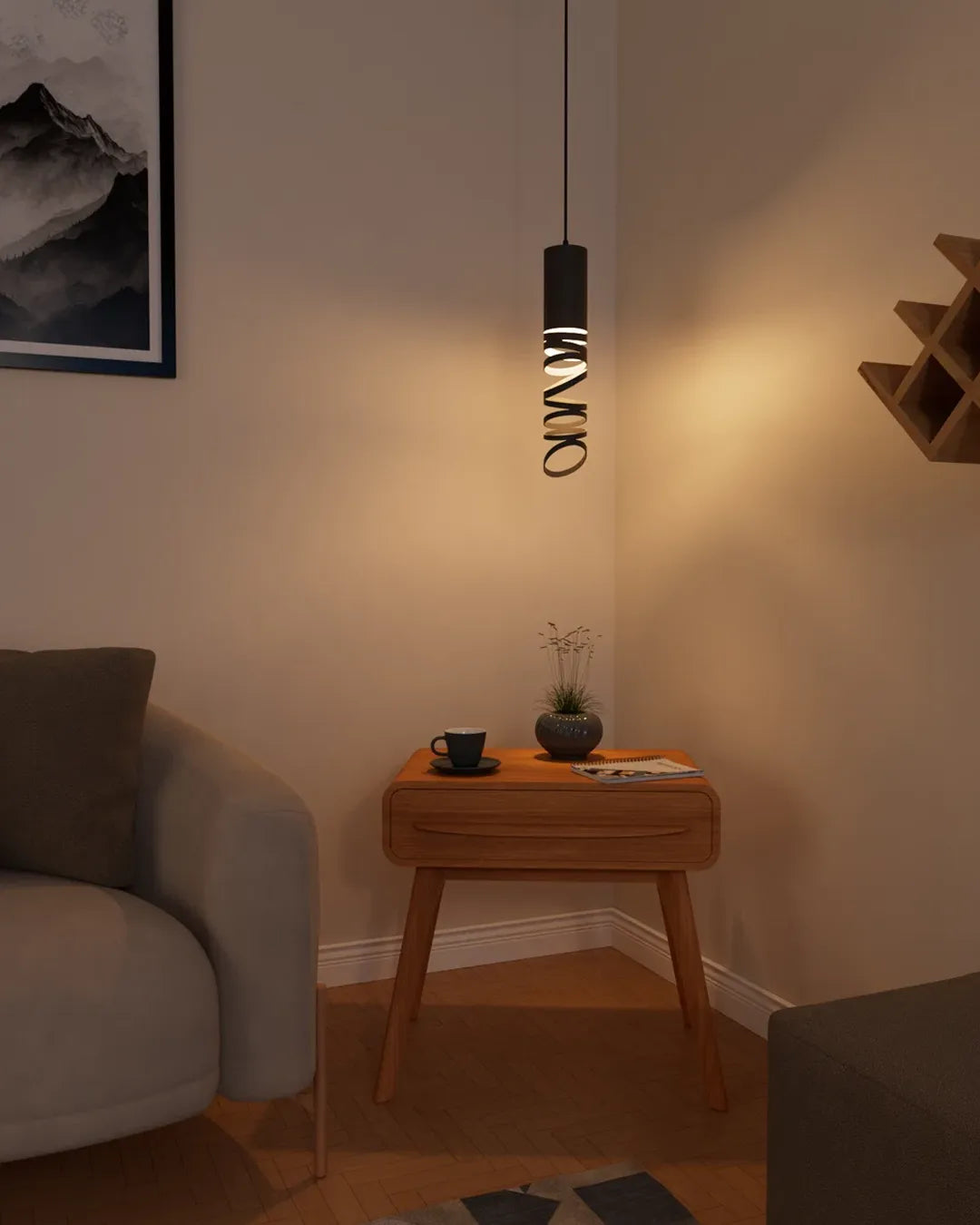 Whirl Pendant in a styled interior, pendant with an animated sense of rotation (view 2) | دلاية ويرل، داخل مساحة منسقة، انحناءات معدنية وإضاءة خفيفة