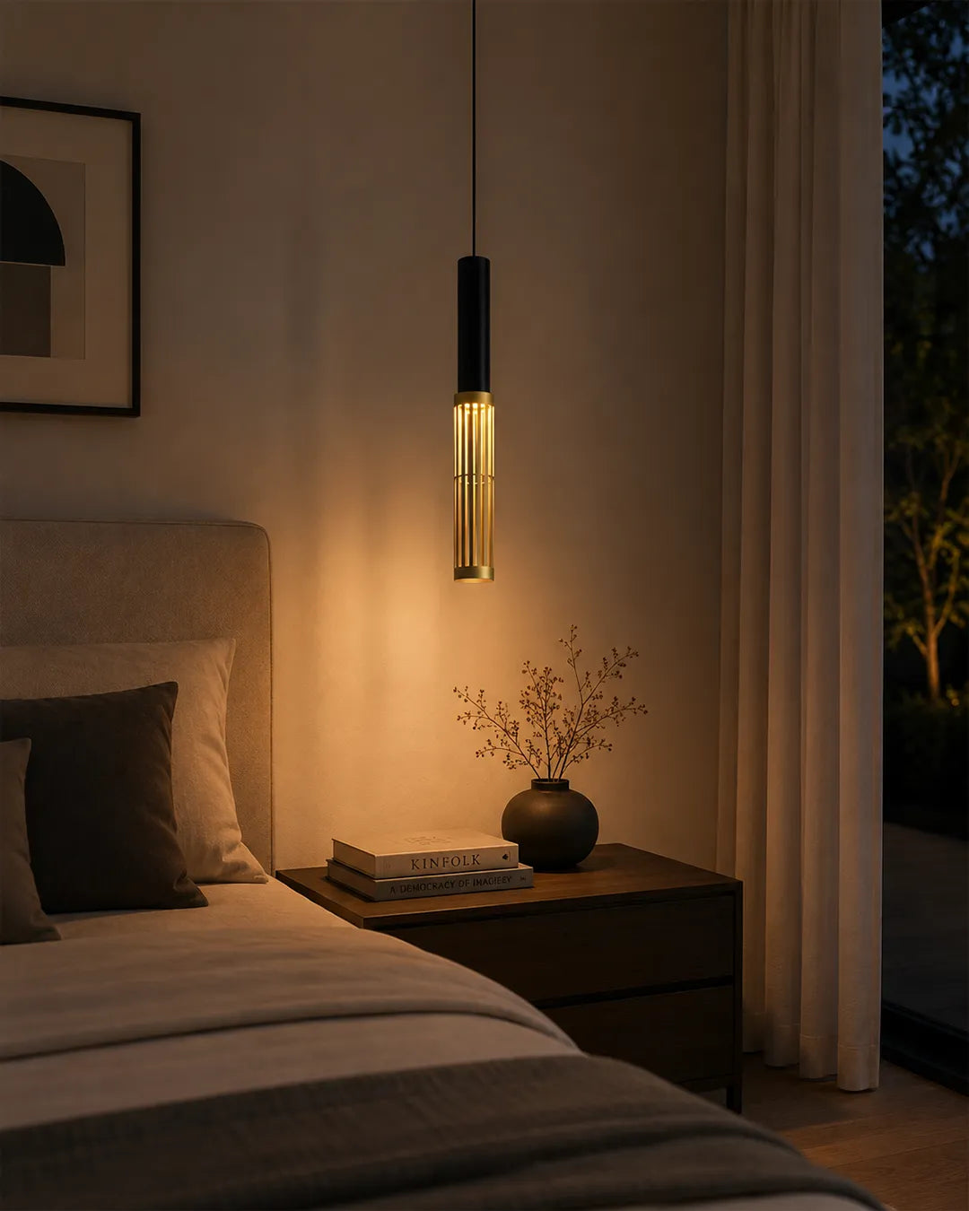 Dew 4 Pendant in a styled interior, pendant with the form and rhythm of dew drops | دلاية ديو 4، داخل مساحة منسقة، أربع قطرات مضيئة