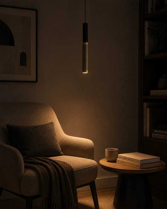 Dew 5 Pendant in a styled interior, pendant with the form and rhythm of dew drops | دلاية ديو 5، داخل مساحة منسقة، خمس قطرات مضيئة