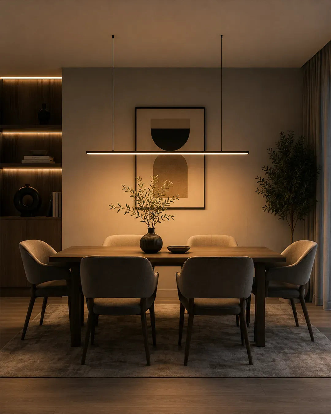 Lines Horizontal Pendant in a styled interior, pendant with a restrained horizontal line | دلاية لاينز الأفقية، داخل مساحة منسقة، تشطيب أسود بخط أفقي