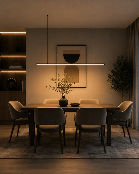 Lines Horizontal Pendant in a styled interior, pendant with a restrained horizontal line | دلاية لاينز الأفقية، داخل مساحة منسقة، تشطيب أسود بخط أفقي