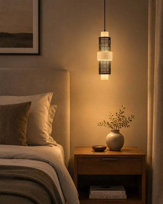 Mellow Pendant in a styled interior, pendant with a calm shape with two contrasting tones | دلاية ميلو، داخل مساحة منسقة، لونان