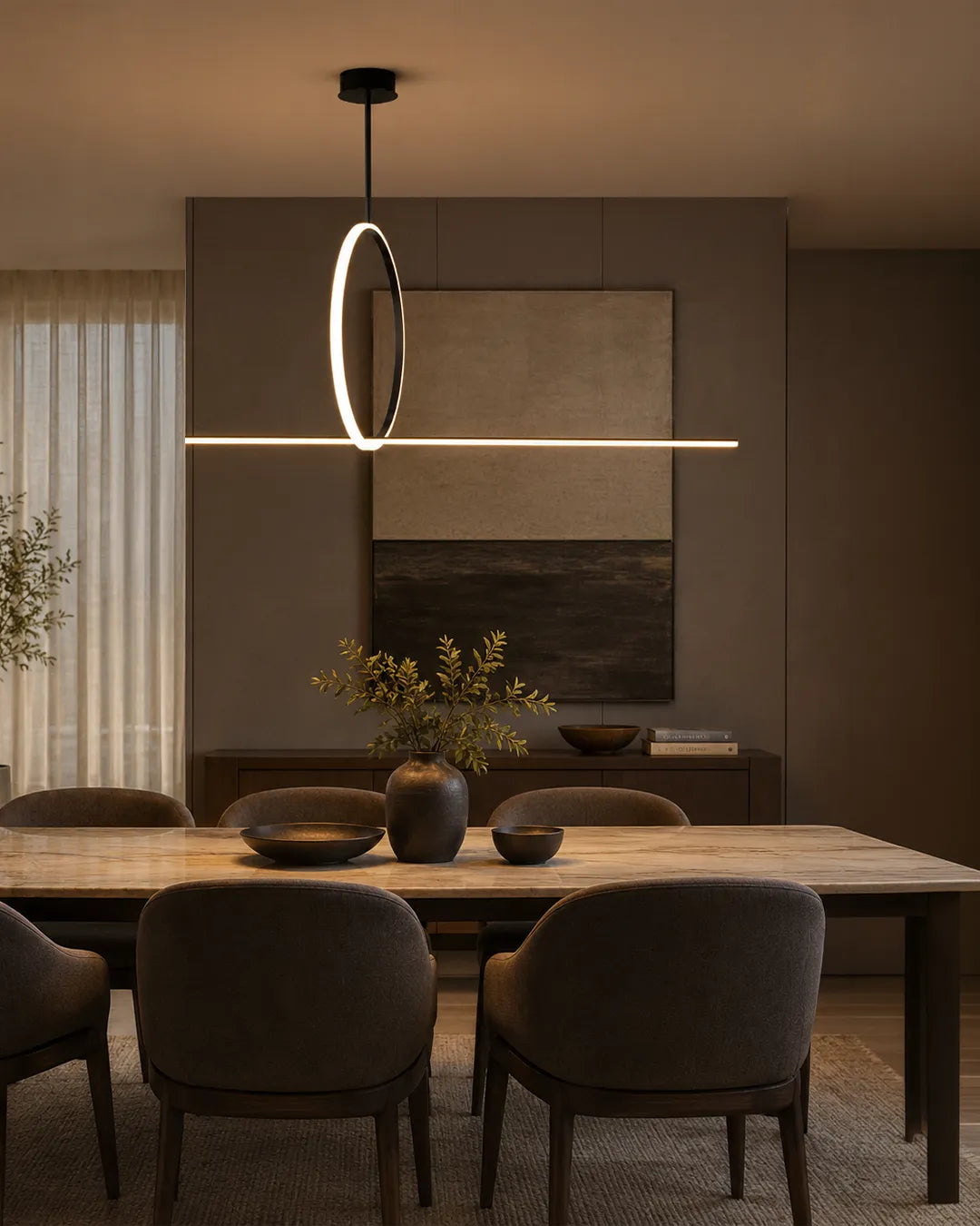 Ring Pendant in a styled interior, pendant with the relationship between line and circle | دلاية رينج، داخل مساحة منسقة، تشطيب أسود بخط ودائرة