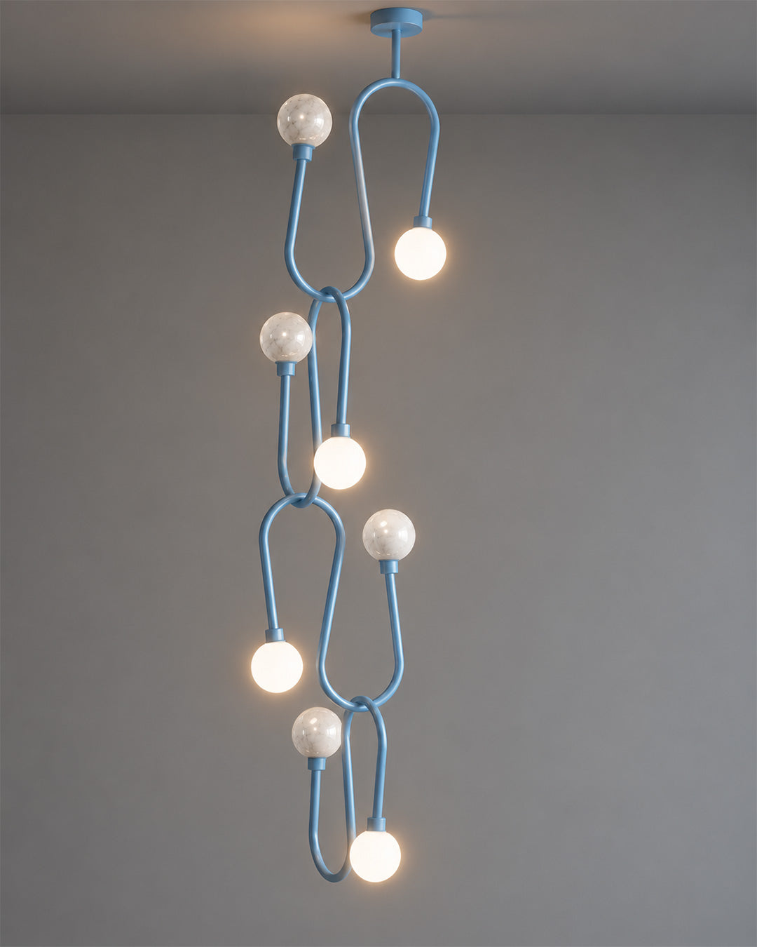 Naja Pendant with connected blue-grey loops and light globes | دلاية ناجا بحلقات متصلة باللون الأزرق الرمادي وكرات مضيئة