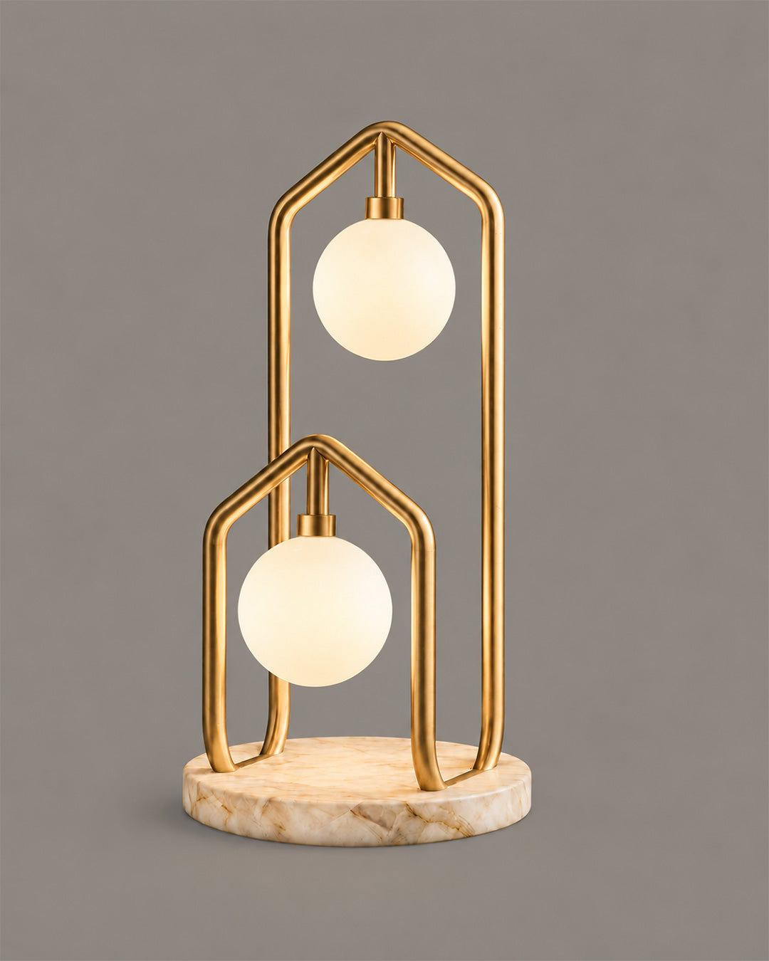 Nebu Table Lamp with two golden frames, twin light globes and a pale round base | أباجورة نيبو بإطارين ذهبيين وكرتين مضيئتين وقاعدة دائرية فاتحة