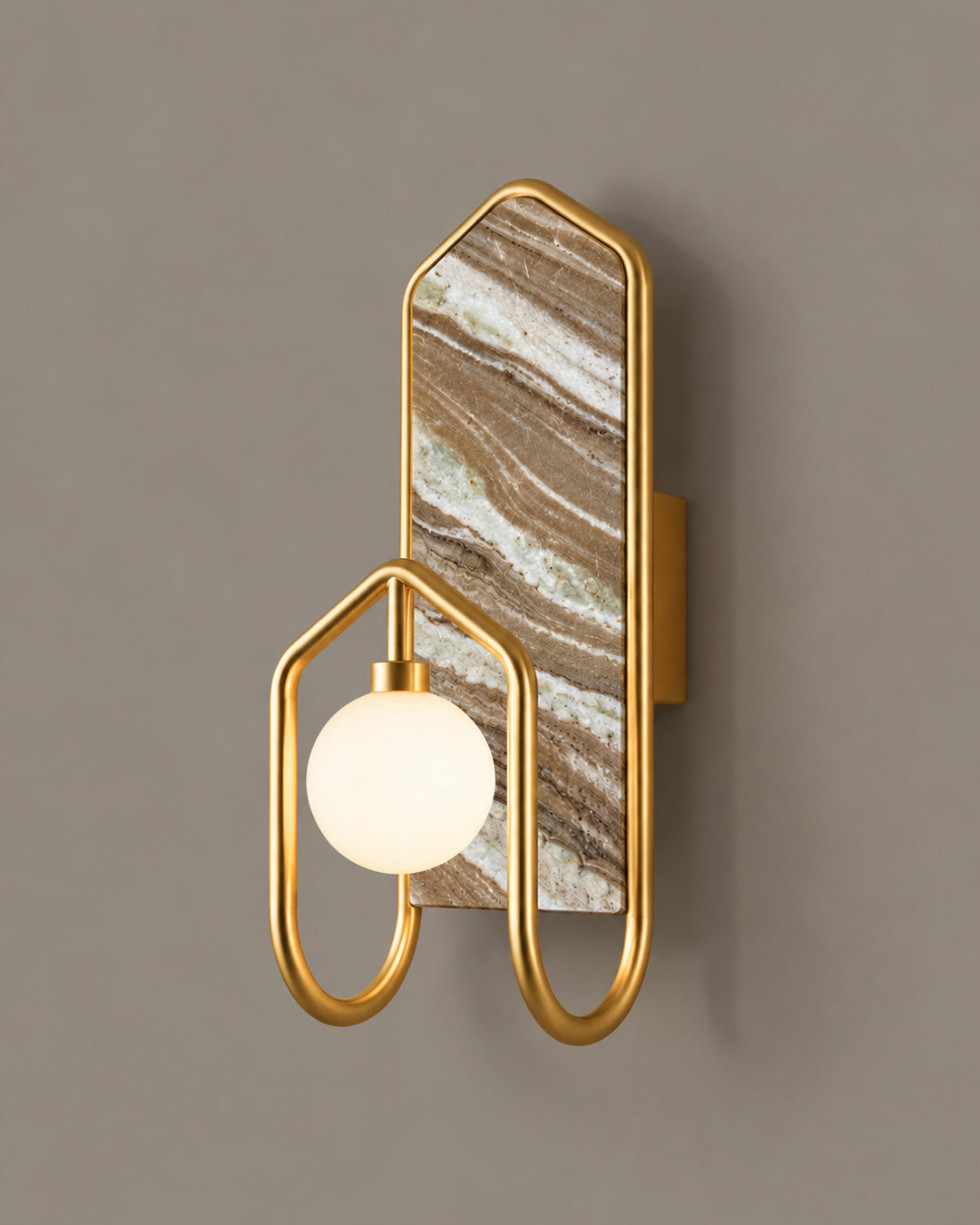 Nebu Wall Lamp with a golden frame, light globe and brown-and-cream veined backplate | أبليك نيبو بإطار ذهبي وكرة مضيئة وخلفية بعروق بنية وفاتحة