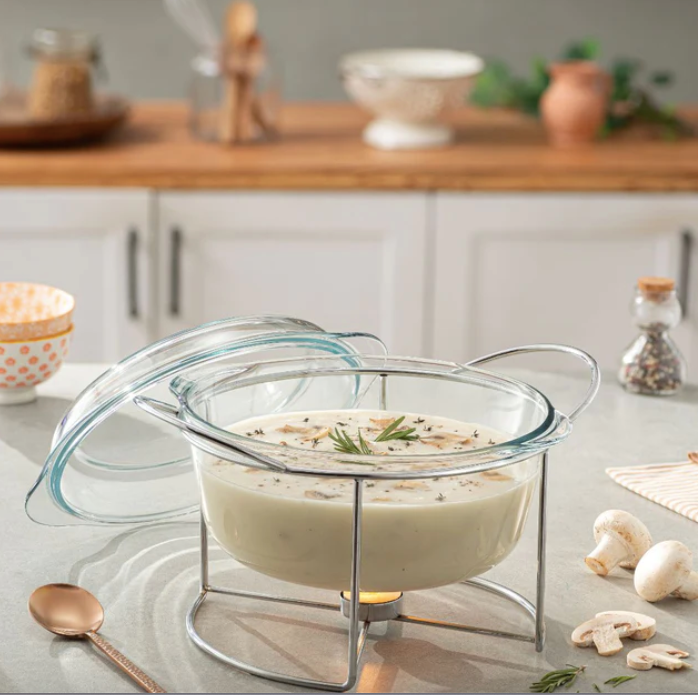 Borcam Round Casserole with Cover & Candle Warmer Stand - 27x23.9cm
