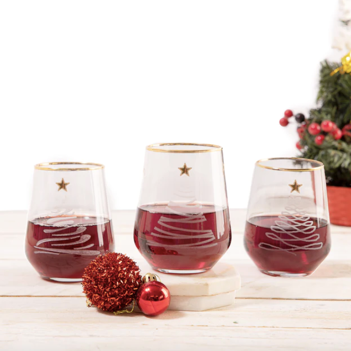 Pasabahce 6 Allegra Old Fashioned Glasses Set - Frosted Christmas Tree & Gold Detail, 425ml
