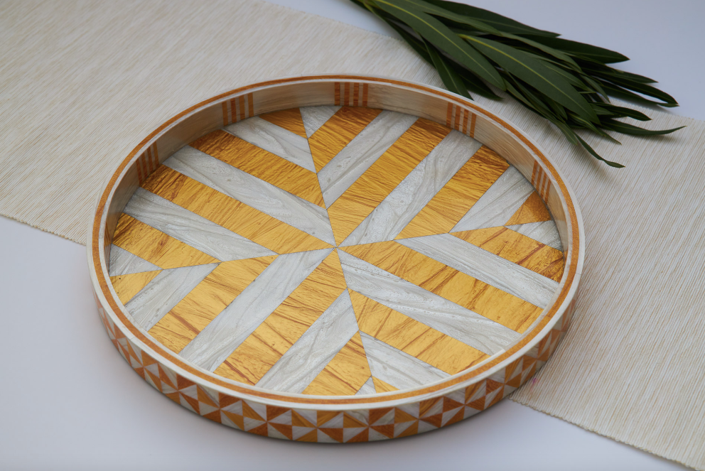 Striped Round Tray in Gold